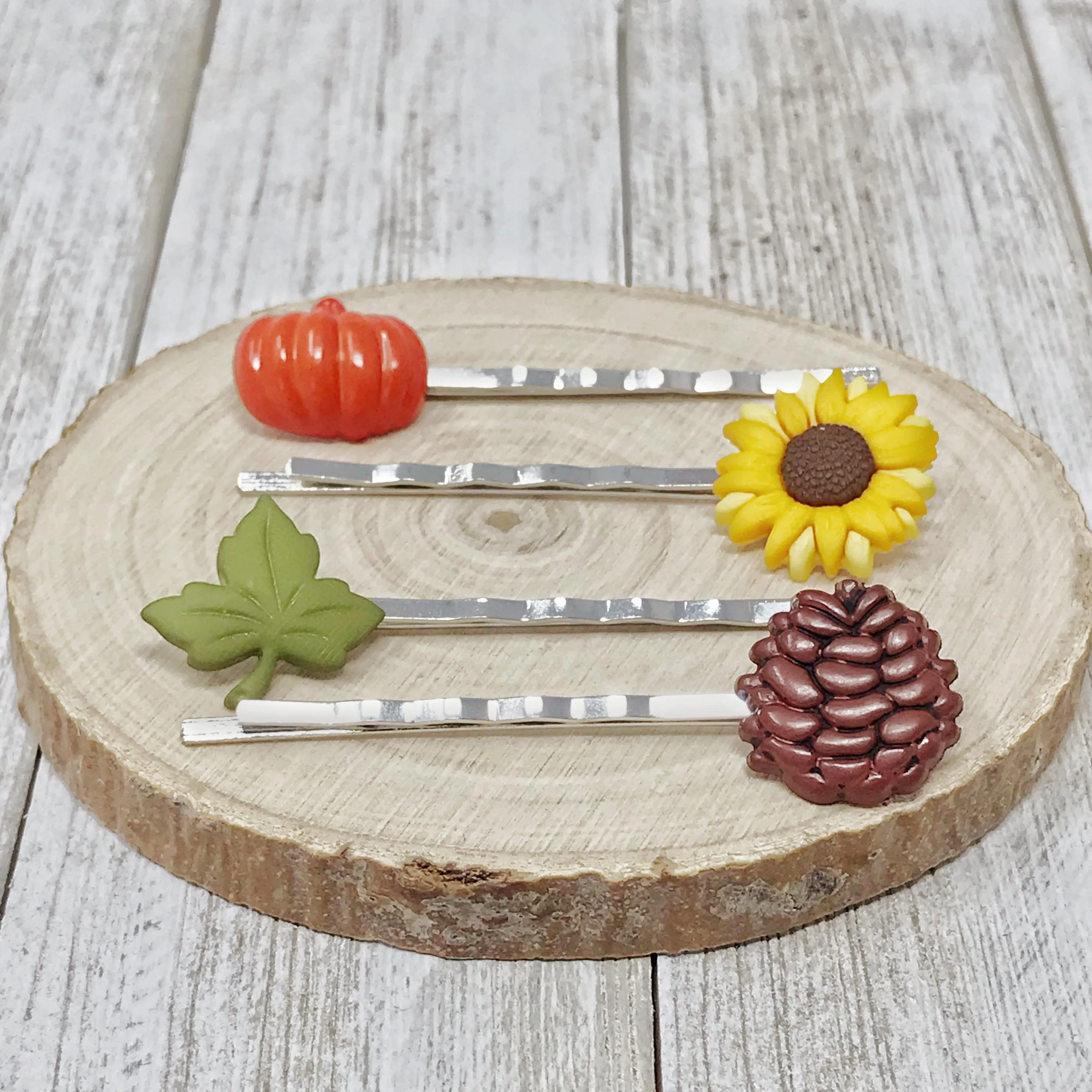 Fall Pumpkin, Pinecone, Sunflower, & Leaf Hair Pin Set - Autumn-Inspired Hair Accessories