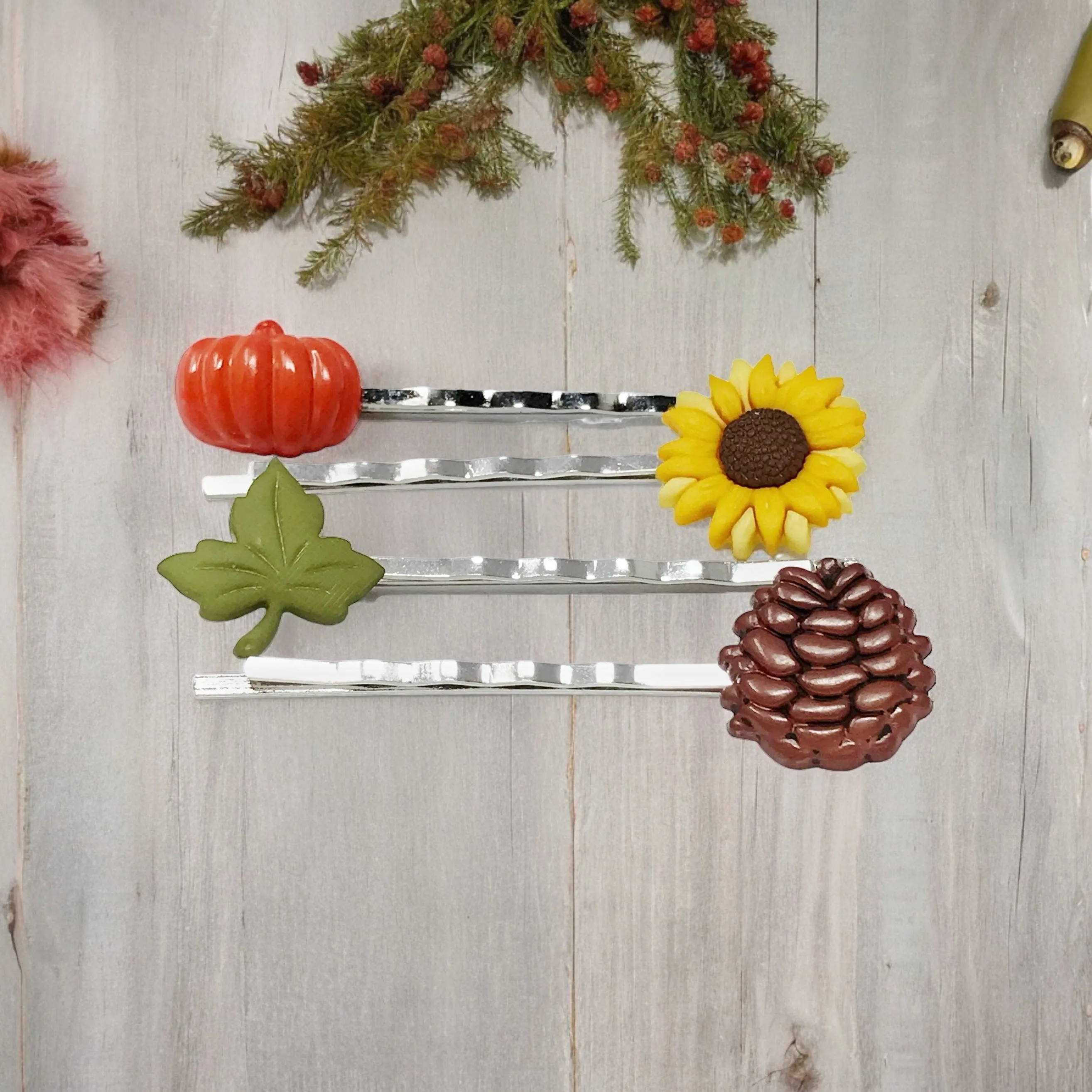 Fall Pumpkin, Pinecone, Sunflower, & Leaf Hair Pin Set - Autumn-Inspired Hair Accessories
