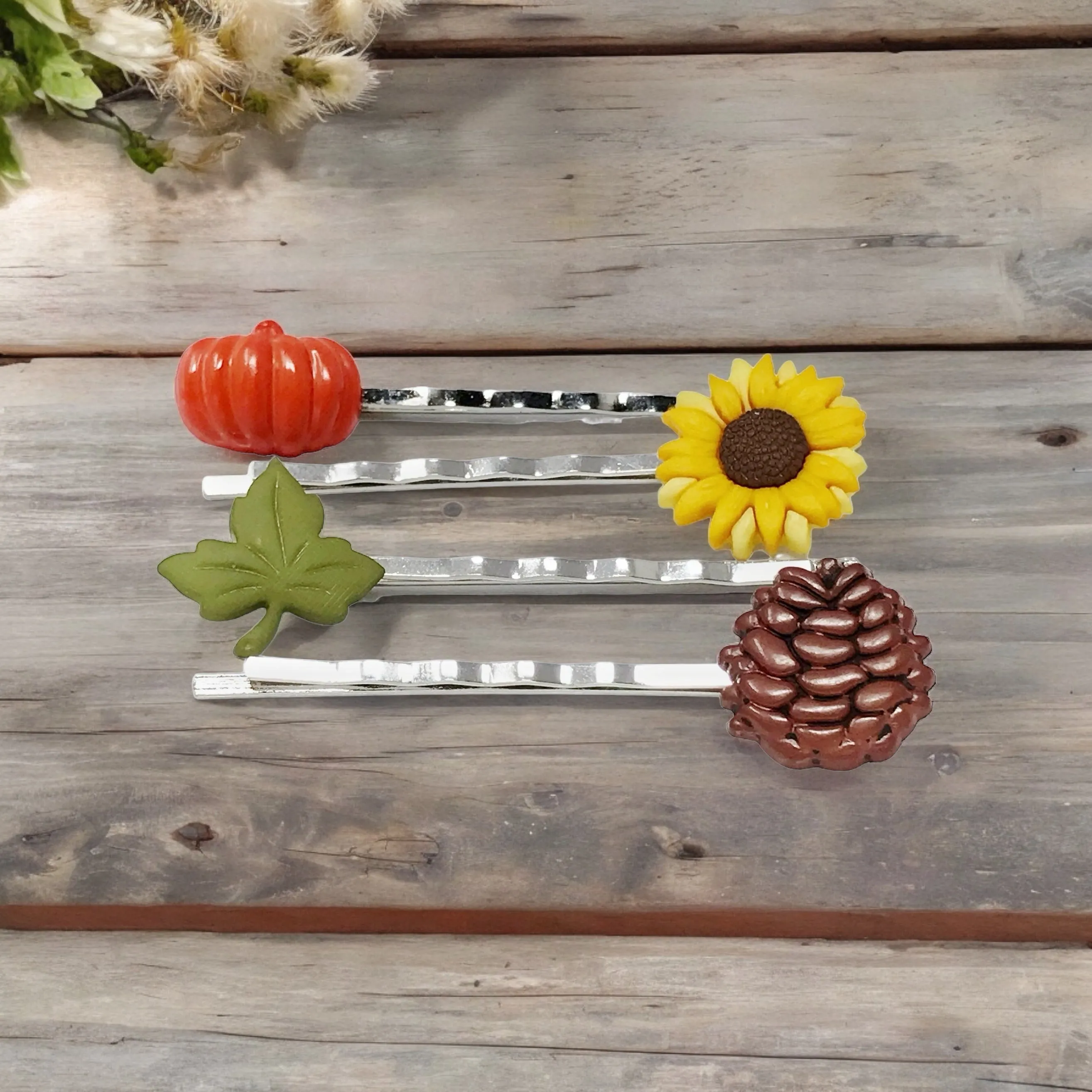 Fall Pumpkin, Pinecone, Sunflower, & Leaf Hair Pin Set - Autumn-Inspired Hair Accessories