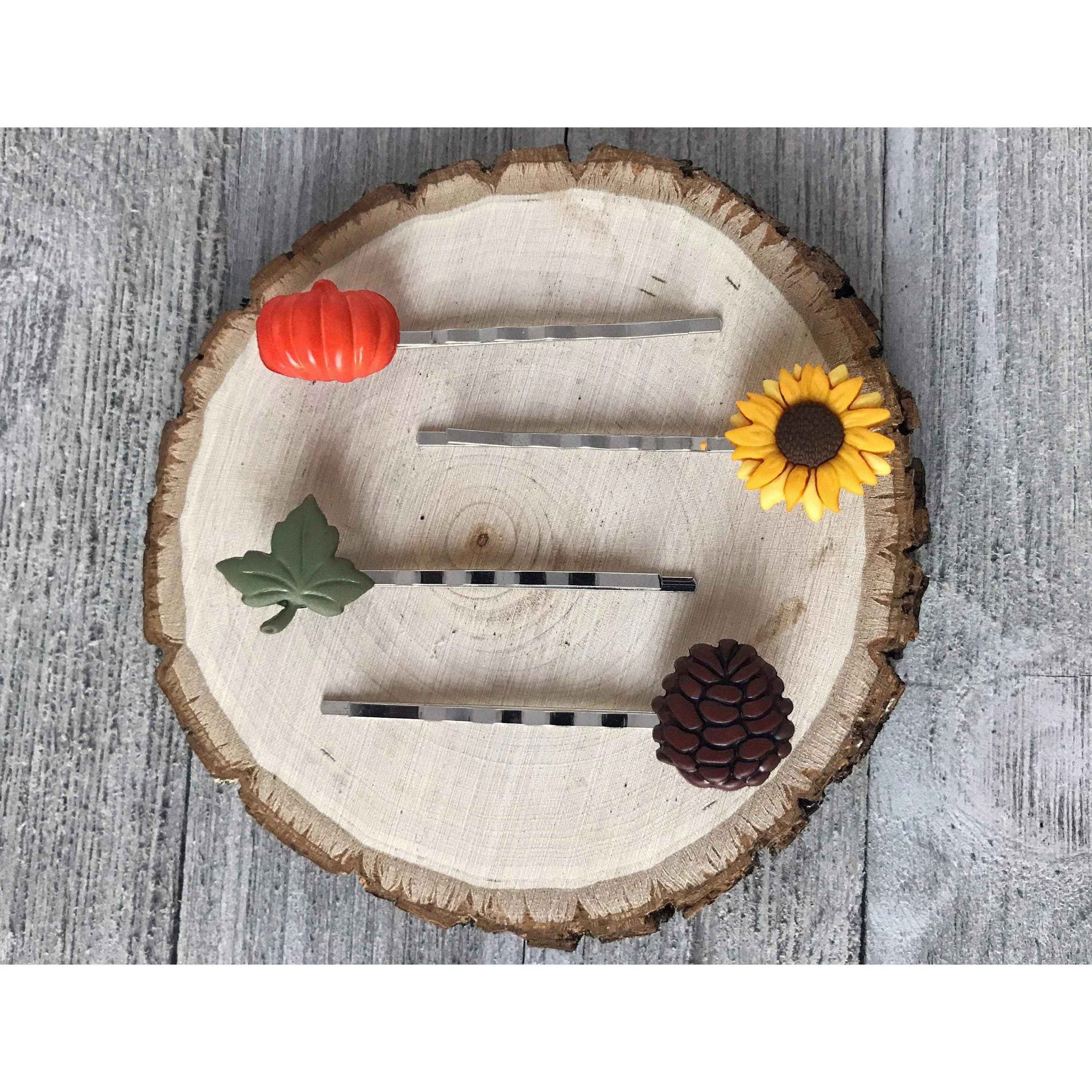 Fall Pumpkin, Pinecone, Sunflower, & Leaf Hair Pin Set - Autumn-Inspired Hair Accessories