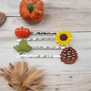 Fall Pumpkin, Pinecone, Sunflower, & Leaf Hair Pin Set - Autumn-Inspired Hair Accessories