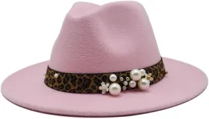 Fashion Leopard Texture Pearl Wool Hat Men and Women Jazz Hat Autumn and Winter Versatile Felt Hat Flat Brim Hat with Leopard Belt Fengyan Cowboy Hats (Color : Rose Red, Size : 59-61cm)