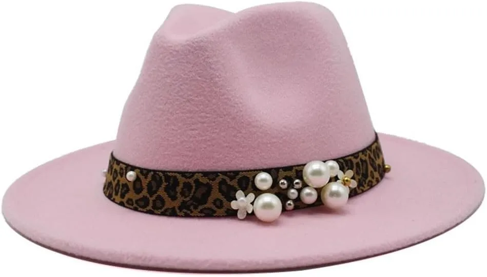 Fashion Leopard Texture Pearl Wool Hat Men and Women Jazz Hat Autumn and Winter Versatile Felt Hat Flat Brim Hat with Leopard Belt Fengyan Cowboy Hats (Color : Rose Red, Size : 59-61cm)
