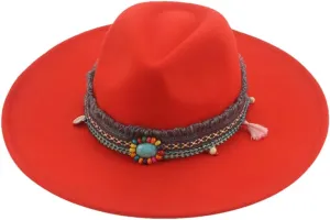 Fedora Hats for Women Big Brim Band Cowboy Panama Solid Belt Men Hat Felted Fedoras Orange red 56-58cm