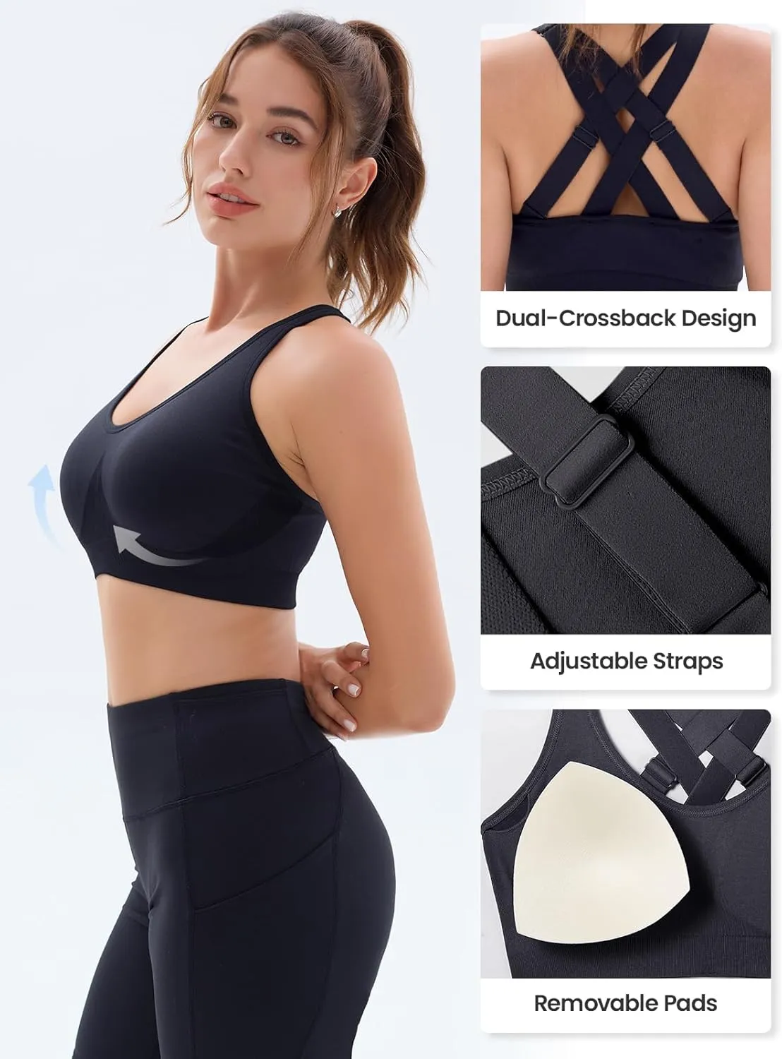 FITTIN Sports Bras for Women Padded: Adjustable Straps Cross Back Seamless Bras Pack for Workout Yoga Jogger Bodybuilder