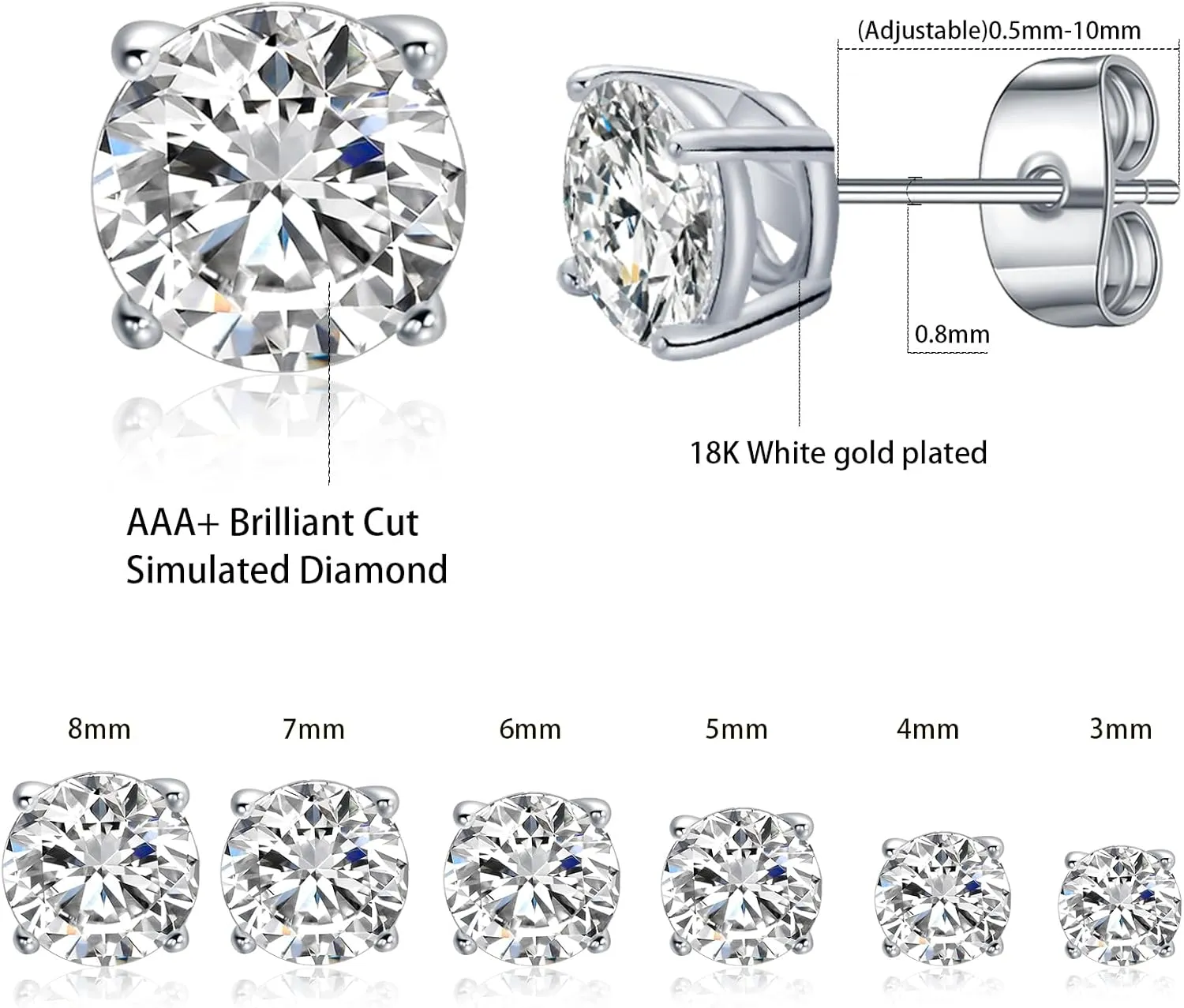 Gemsme 5 Pairs Princess Cut Cubic Zirconia Stud Earrings for Women/Men - 18K Gold Plated Hypoallergenic 3-7mm Square Clear CZ Earring Set