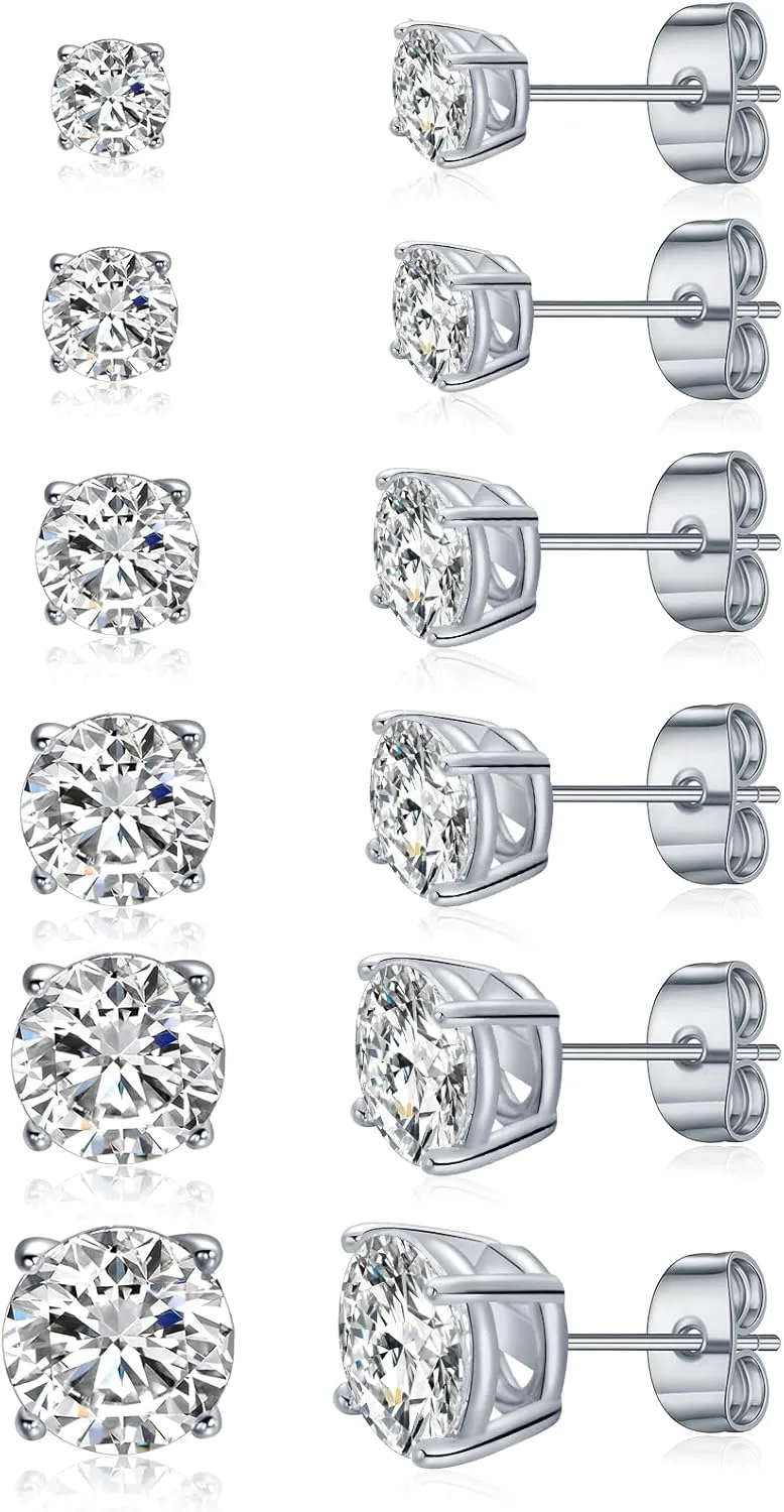 Gemsme 5 Pairs Princess Cut Cubic Zirconia Stud Earrings for Women/Men - 18K Gold Plated Hypoallergenic 3-7mm Square Clear CZ Earring Set