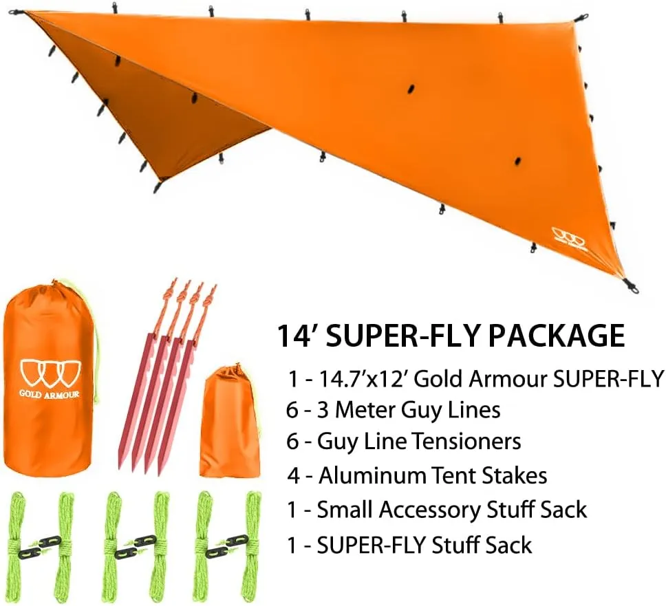 Gold Armour Rainfly Tarp Hammock, Premium 14.7ft/12ft/10ft/8ft Rain Fly Cover, Waterproof Ultralight Camping Shelter Canopy, Survival Equipment Gear Camping Tent Accessories (Orange 14.7ft x 12ft)