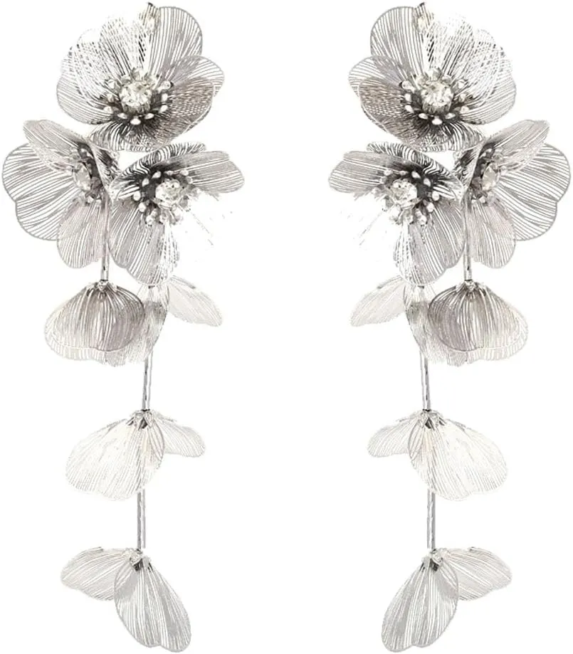 Gold Metal Flower Long Tassel Earrings for Women Crystal Floral Drop Dangle Earrings Statement Bar Ear Drop for Women Bohemian Jewelry for Women