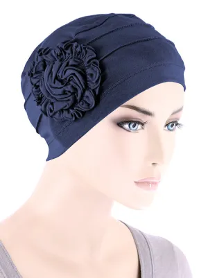 H149BB-NAVY#Bamboo Pleated Sunflower Cap Navy Blue