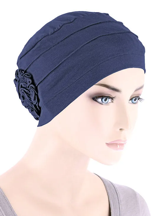 H149BB-NAVY#Bamboo Pleated Sunflower Cap Navy Blue
