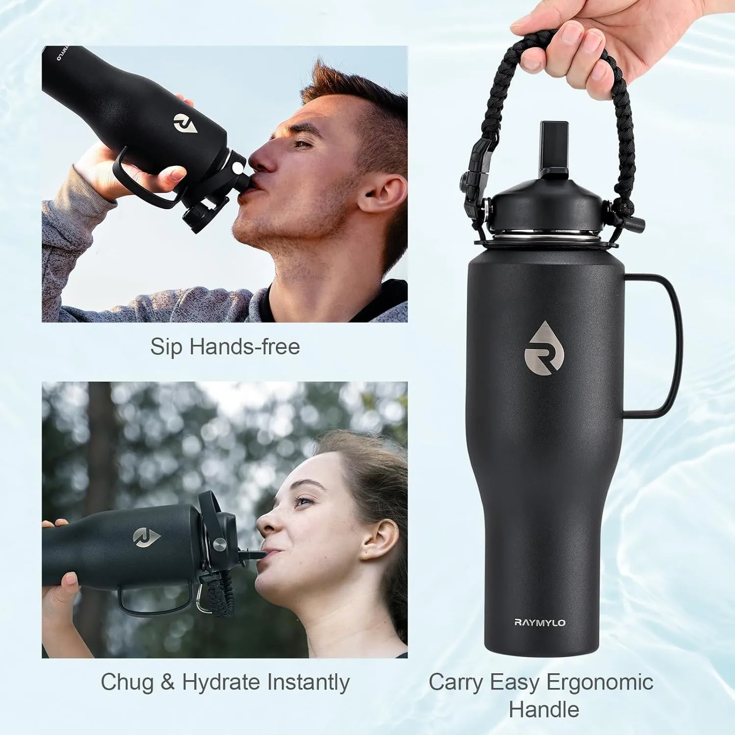 Insulated Water Bottle 40oz (Cold for 48 Hrs), Stainless Steel Water Bottle with Handle & Straw Lid & Paracord Handle, Triple Wall Vacuum Leakproof Travel Flask, Fit in Any Car Cup Holder
