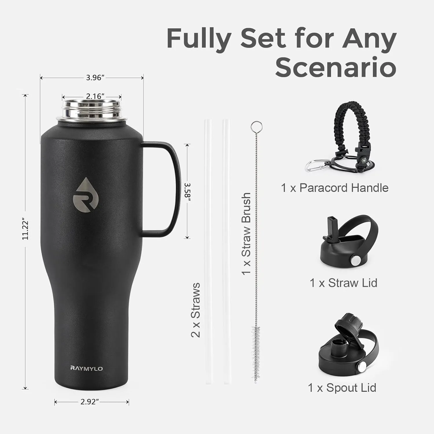 Insulated Water Bottle 40oz (Cold for 48 Hrs), Stainless Steel Water Bottle with Handle & Straw Lid & Paracord Handle, Triple Wall Vacuum Leakproof Travel Flask, Fit in Any Car Cup Holder