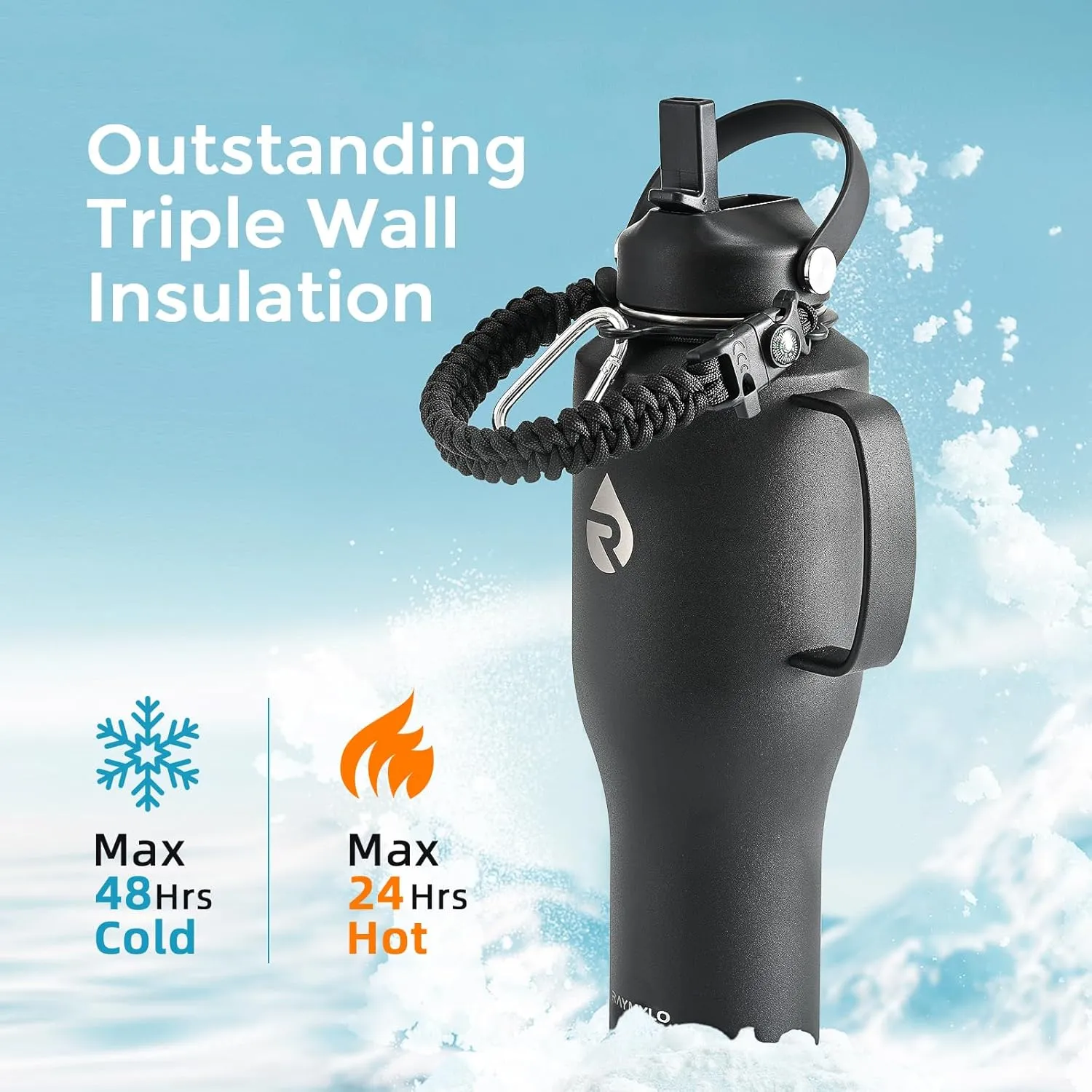 Insulated Water Bottle 40oz (Cold for 48 Hrs), Stainless Steel Water Bottle with Handle & Straw Lid & Paracord Handle, Triple Wall Vacuum Leakproof Travel Flask, Fit in Any Car Cup Holder