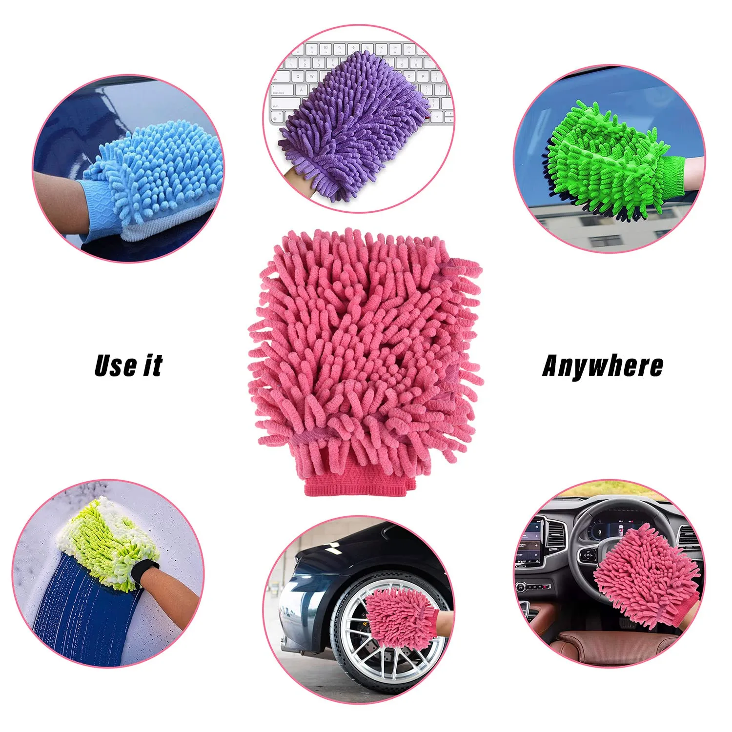Kuber Industries Chenille Mitts|Microfiber Cleaning Gloves|Inside Waterproof Cloth Gloves|100 Gram Weighted Hand Duster|Chenille Gloves for Car|Glass|Pack of 3 (Pink)