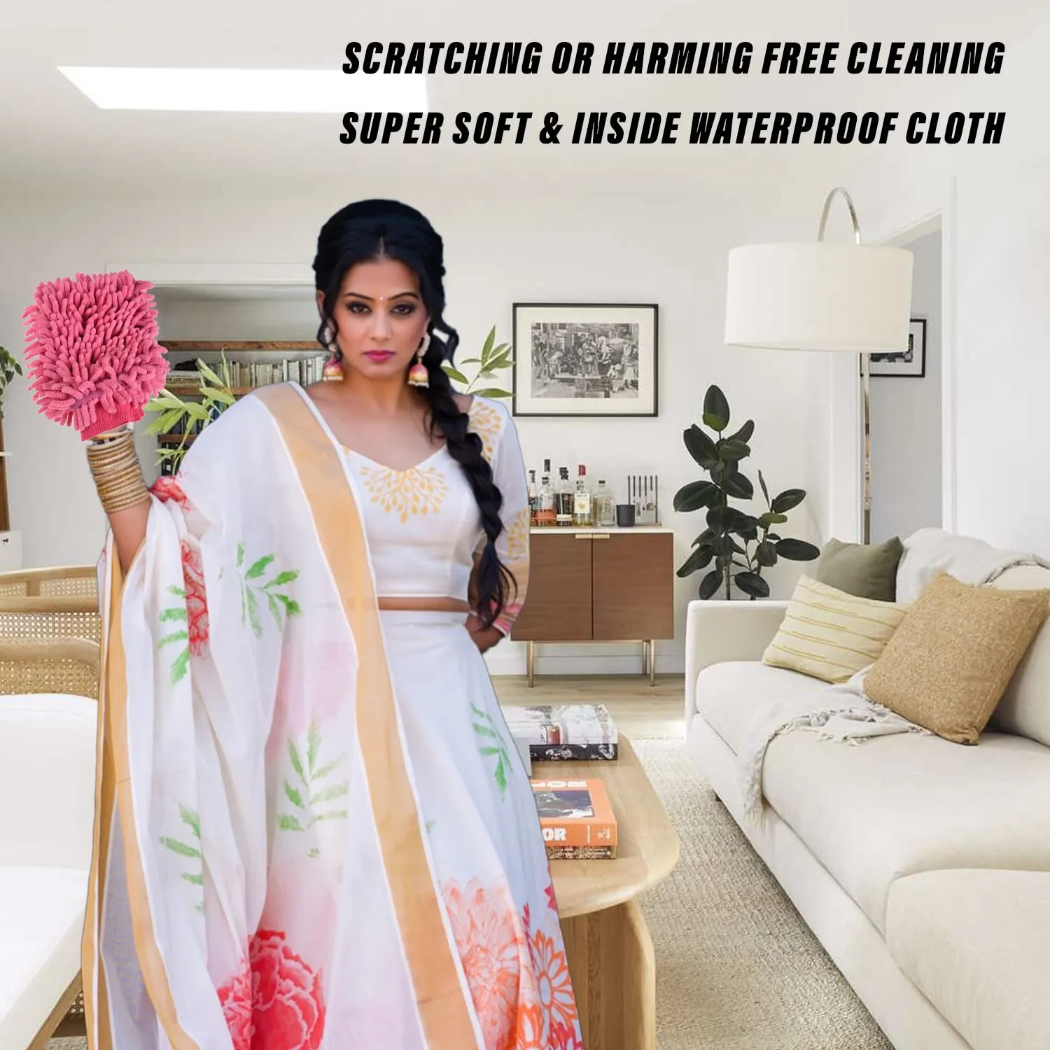 Kuber Industries Chenille Mitts|Microfiber Cleaning Gloves|Inside Waterproof Cloth Gloves|100 Gram Weighted Hand Duster|Chenille Gloves for Car|Glass|Pack of 3 (Pink)
