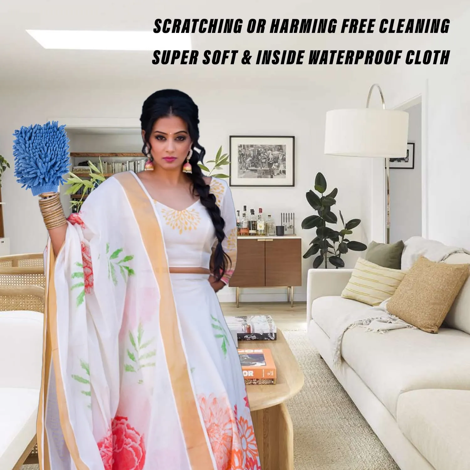 Kuber Industries Chenille Mitts|Microfiber Cleaning Gloves|Inside Waterproof Cloth Gloves|100 Gram Weighted Hand Duster|Chenille Gloves for Car|Glass|Pack of 4 (Blue)