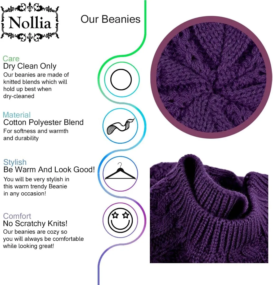 Nollia Soft Knit Solid Color Beanie, Chic, and Lightweight Crochet Knitted Style Beanie Hat for Women, One Size Slouchy Hat