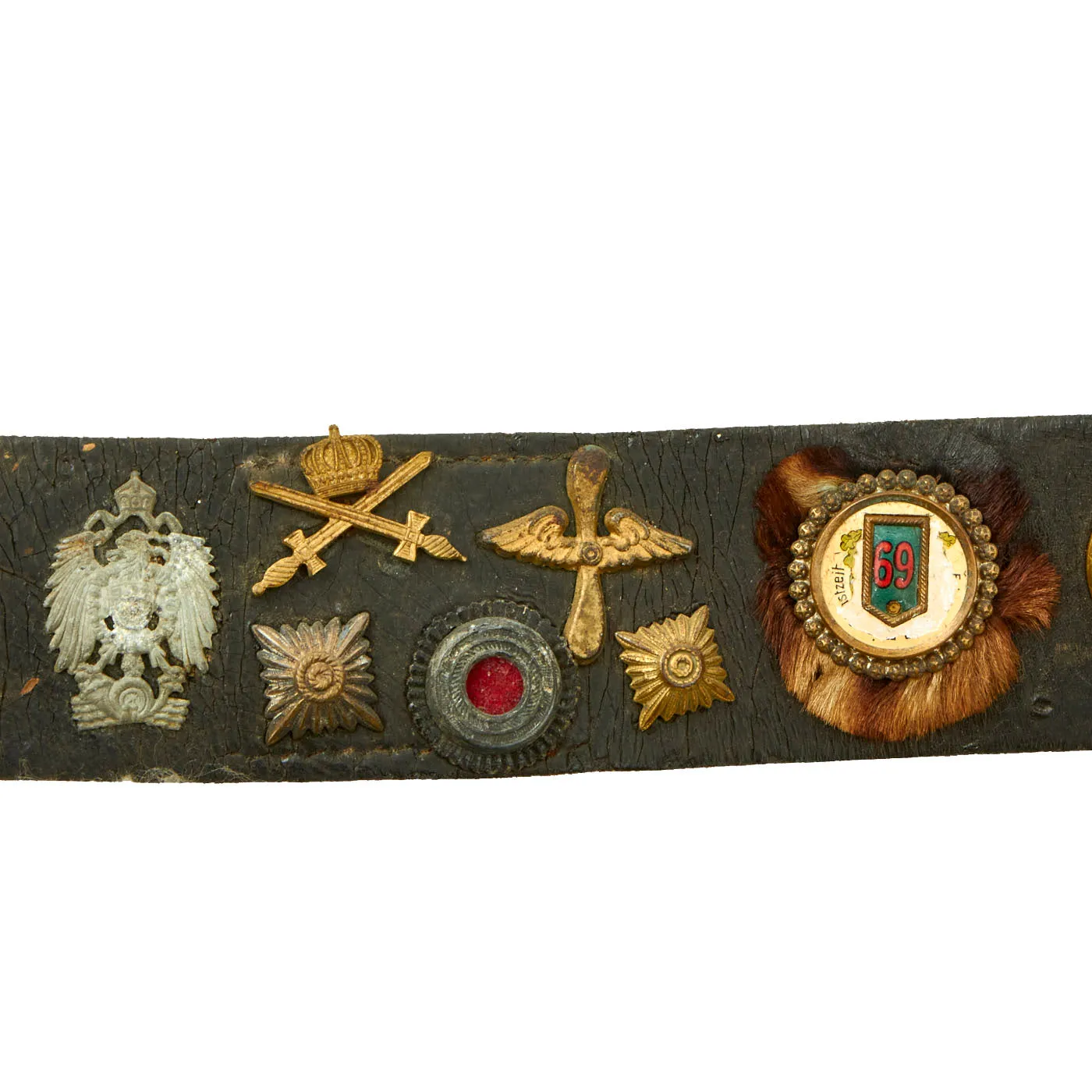 Original U.S. WWI Imperial German Hate Souvenir Belt With Gott Mit Uns Prussian Buckle and 33 Attached Items - US 56th Pioneer Infantry Regiment