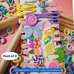 Pastel Mini Hair Ties with Unicorn Rainbow Flower Cancy hair Clip Set (Pack of 2, Multicolor)