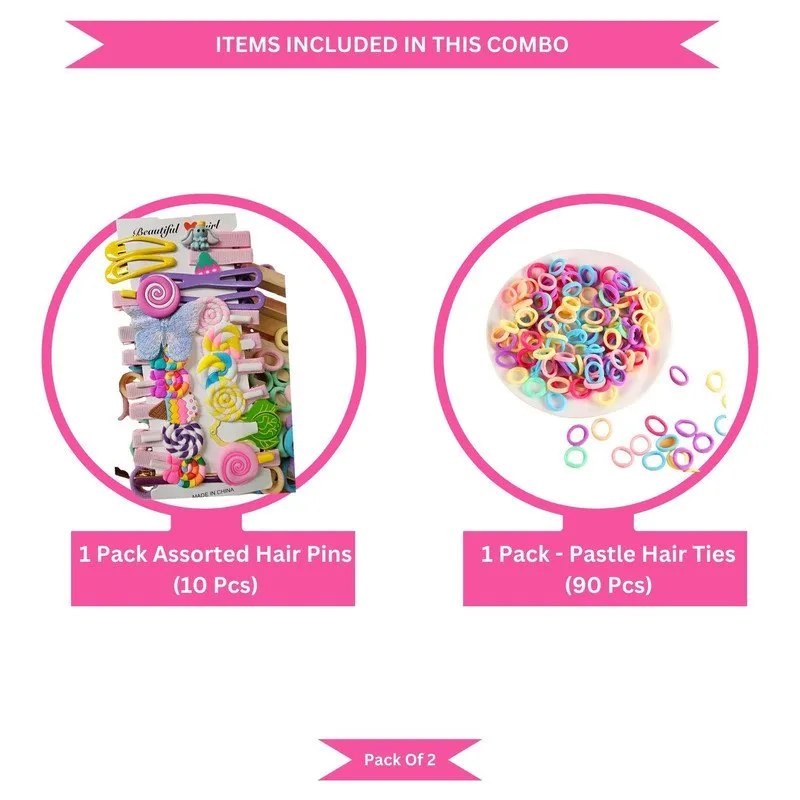 Pastel Mini Hair Ties with Unicorn Rainbow Flower Cancy hair Clip Set (Pack of 2, Multicolor)