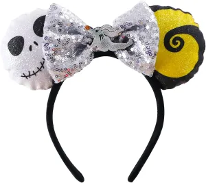 Pearl Mouse Ears Bow Headbands for Girls Kids Sparkle Hair Band Ear Headband Party Princess Trip Cosplay Costume Decor (Silver Ghost)