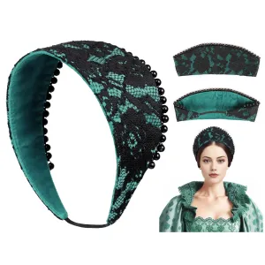 PROCOS Anne Pearl Headband Velvet Tudor French Hood Headpiece Elizabethan Headwear Queen Parr Renaissance Hair Accessory (A-Green)