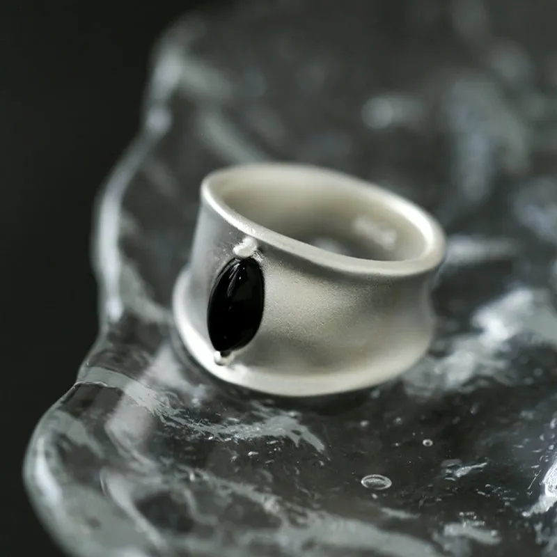 Pure Silver Black Hole Ring-Black Agate/White Chalcedony