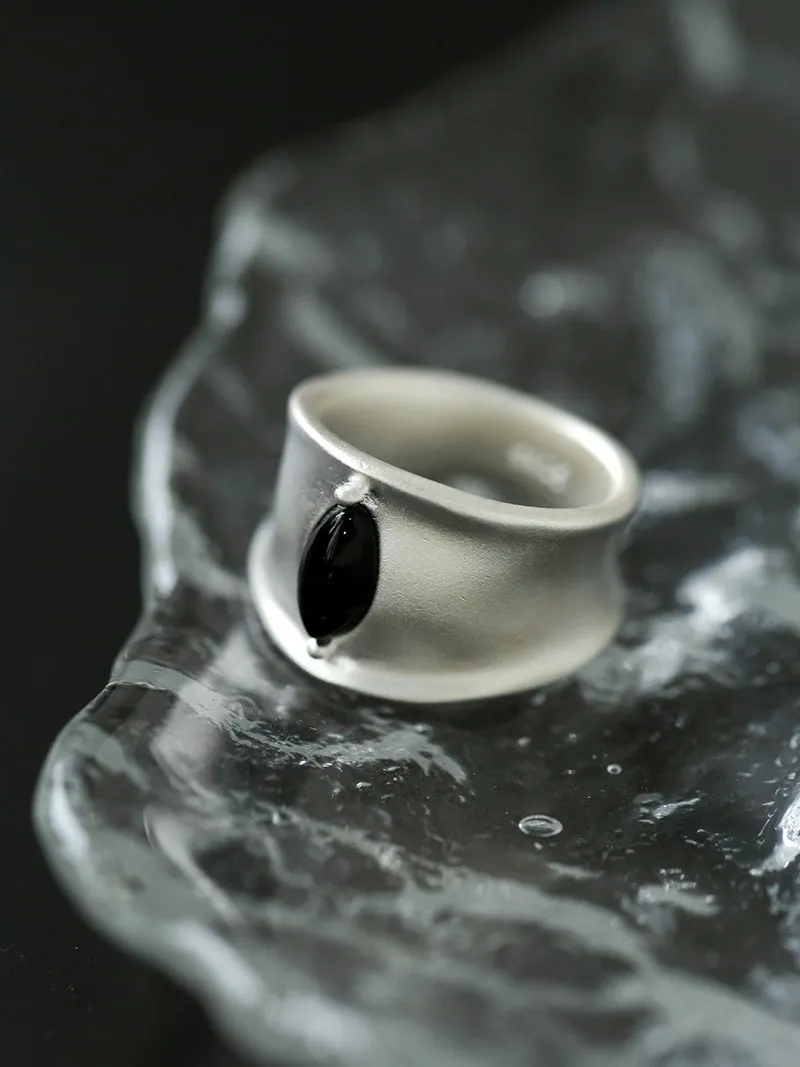 Pure Silver Black Hole Ring-Black Agate/White Chalcedony