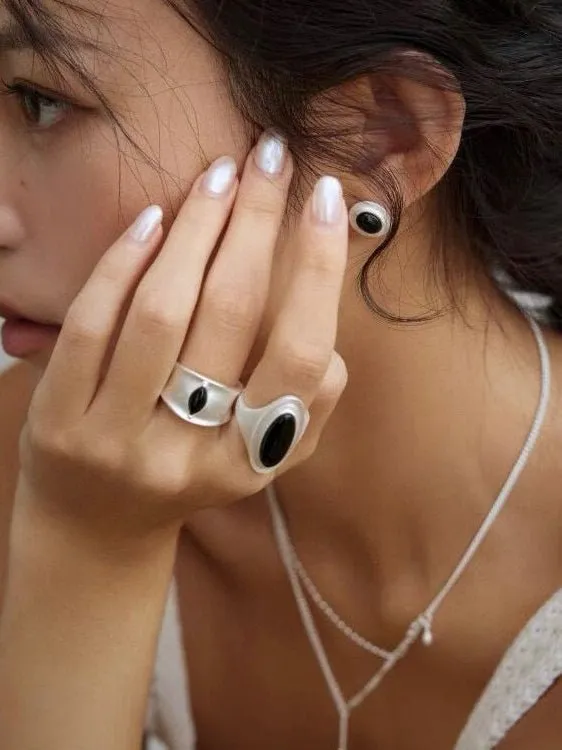 Pure Silver Black Hole Ring-Black Agate/White Chalcedony