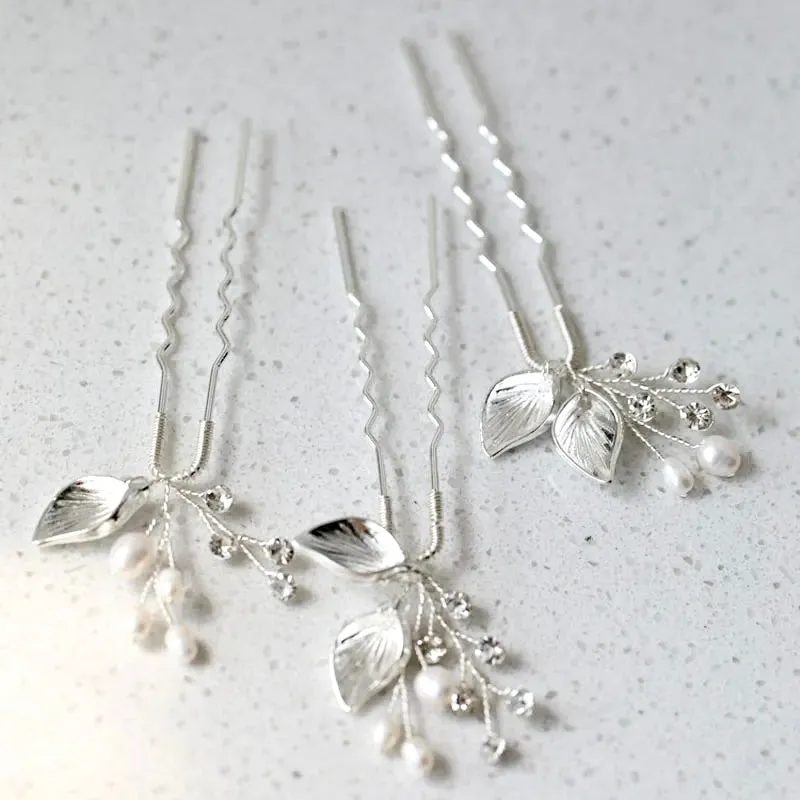 "Adina" - Pearl Bridal Hair Pins Set of Three - Available in Gold and Silver