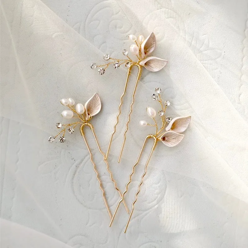 "Adina" - Pearl Bridal Hair Pins Set of Three - Available in Gold and Silver