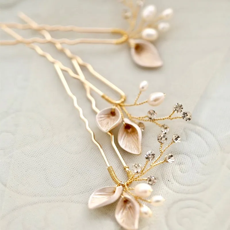 "Adina" - Pearl Bridal Hair Pins Set of Three - Available in Gold and Silver