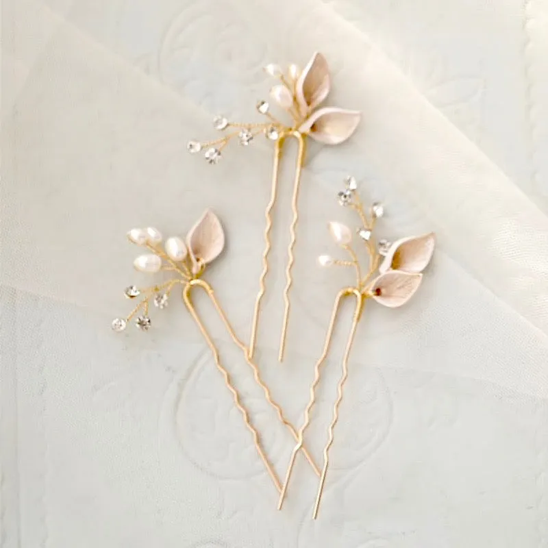 "Adina" - Pearl Bridal Hair Pins Set of Three - Available in Gold and Silver