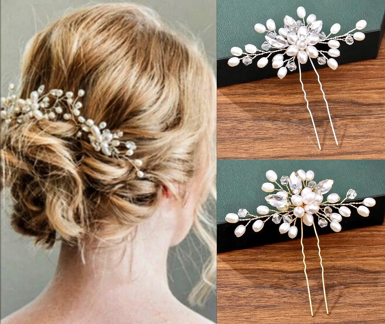 "Kate" - Pearl and Crystal Bridal Hair Pin - Available in Silver and Gold