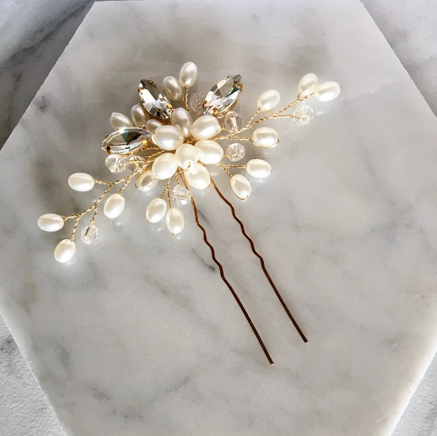 "Kate" - Pearl and Crystal Bridal Hair Pin - Available in Silver and Gold