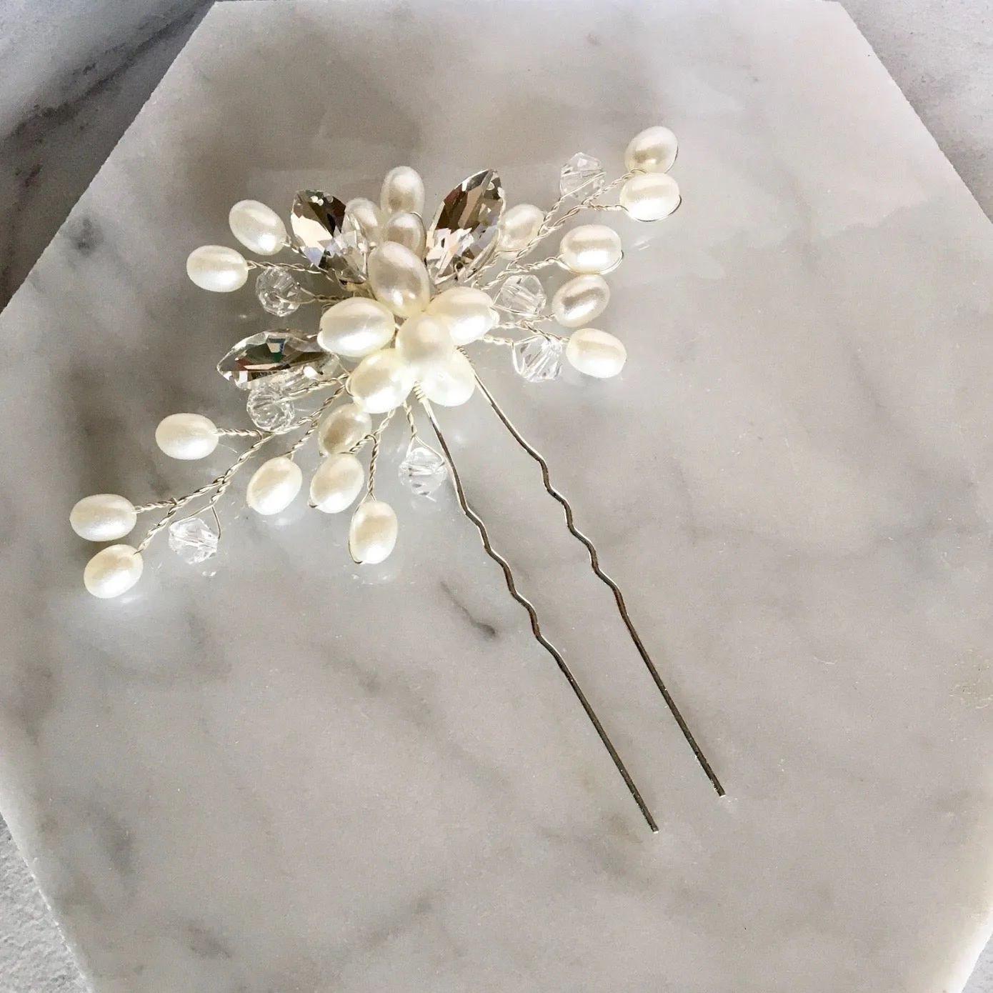 "Kate" - Pearl and Crystal Bridal Hair Pin - Available in Silver and Gold