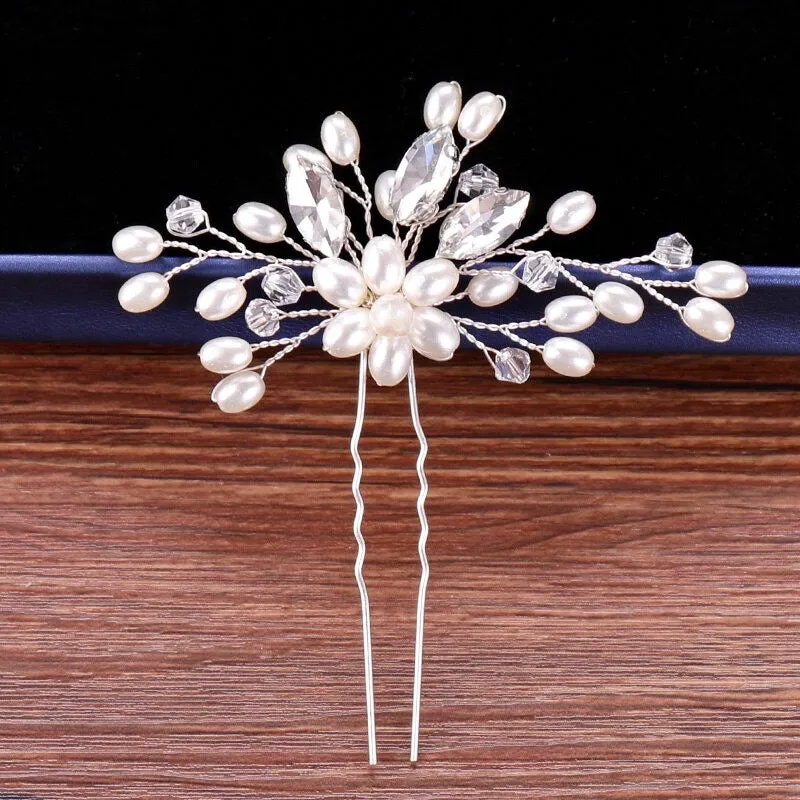 "Kate" - Pearl and Crystal Bridal Hair Pin - Available in Silver and Gold