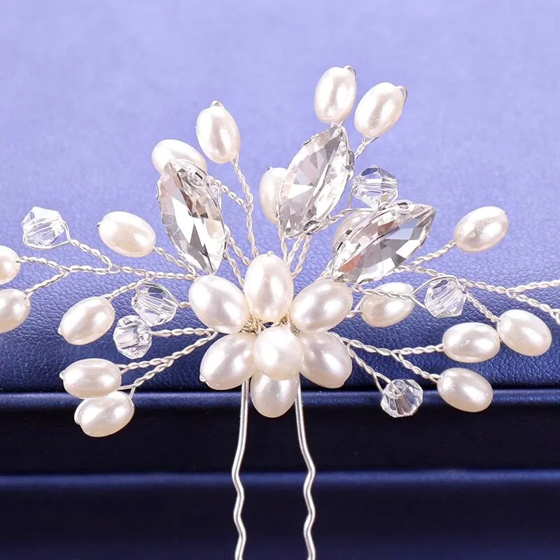 "Kate" - Pearl and Crystal Bridal Hair Pin - Available in Silver and Gold