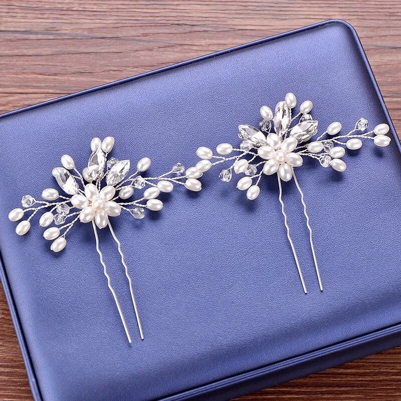"Kate" - Pearl and Crystal Bridal Hair Pin - Available in Silver and Gold
