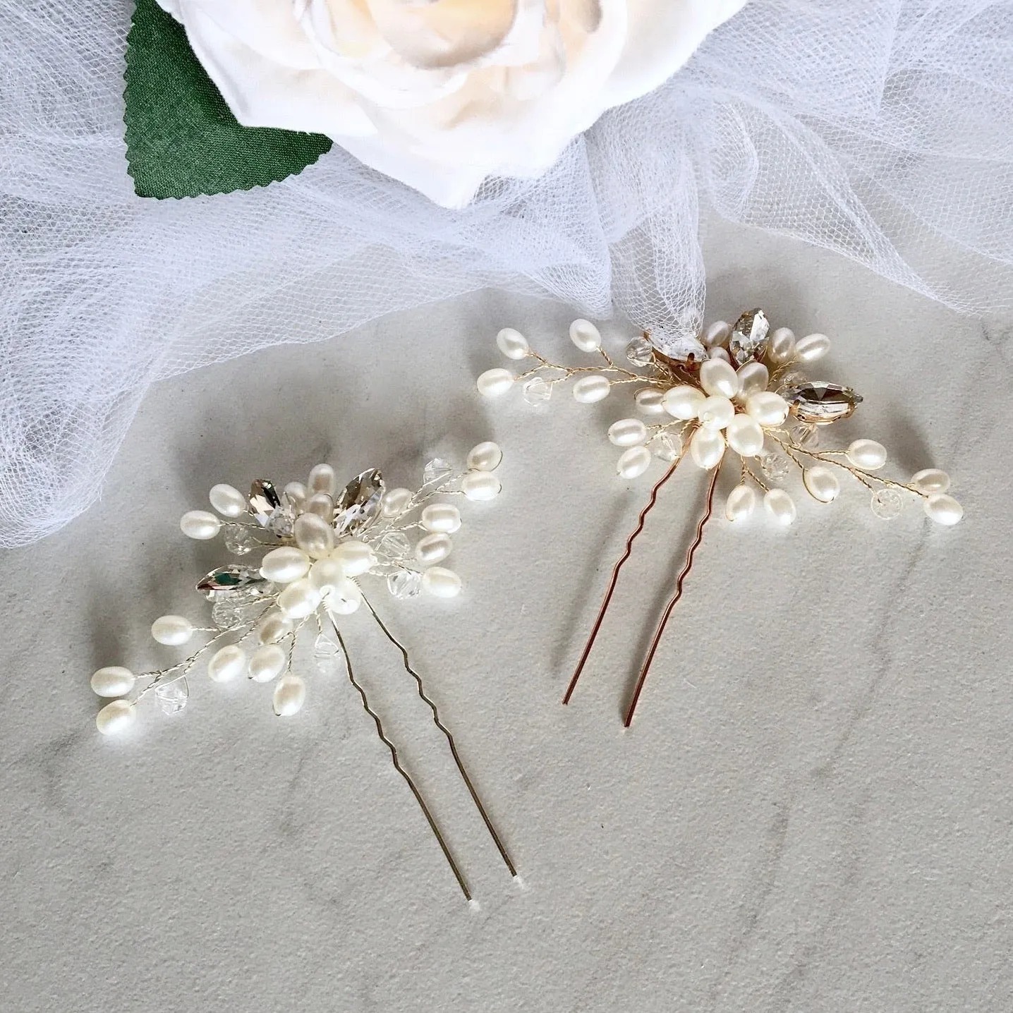 "Kate" - Pearl and Crystal Bridal Hair Pin - Available in Silver and Gold