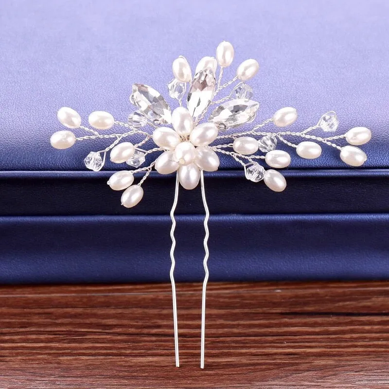"Kate" - Pearl and Crystal Bridal Hair Pin - Available in Silver and Gold