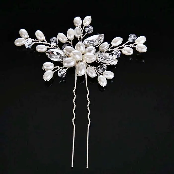 "Kate" - Pearl and Crystal Bridal Hair Pin - Available in Silver and Gold