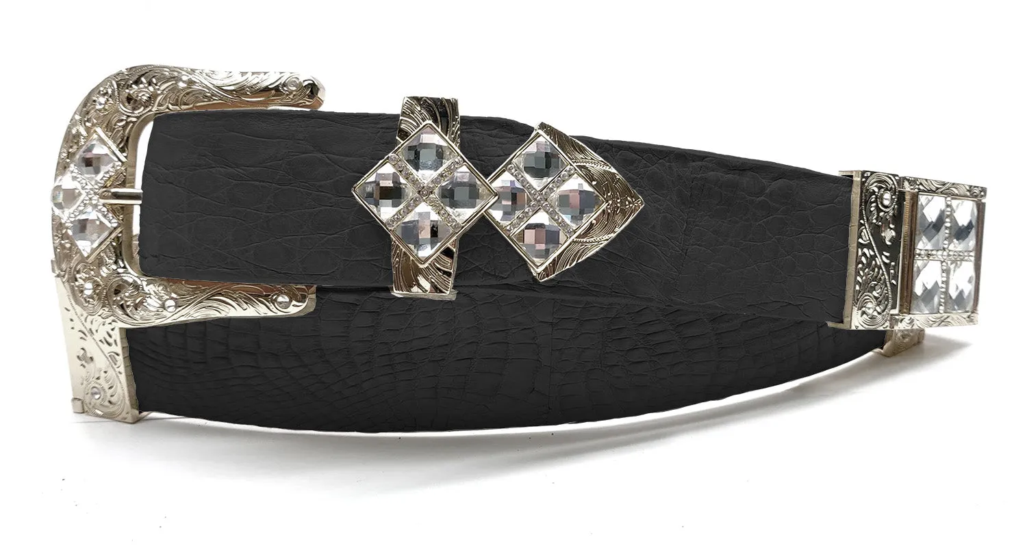 RRango Unisex Silver Tone 4 White Stones Design Caiman Belly Custom Belt