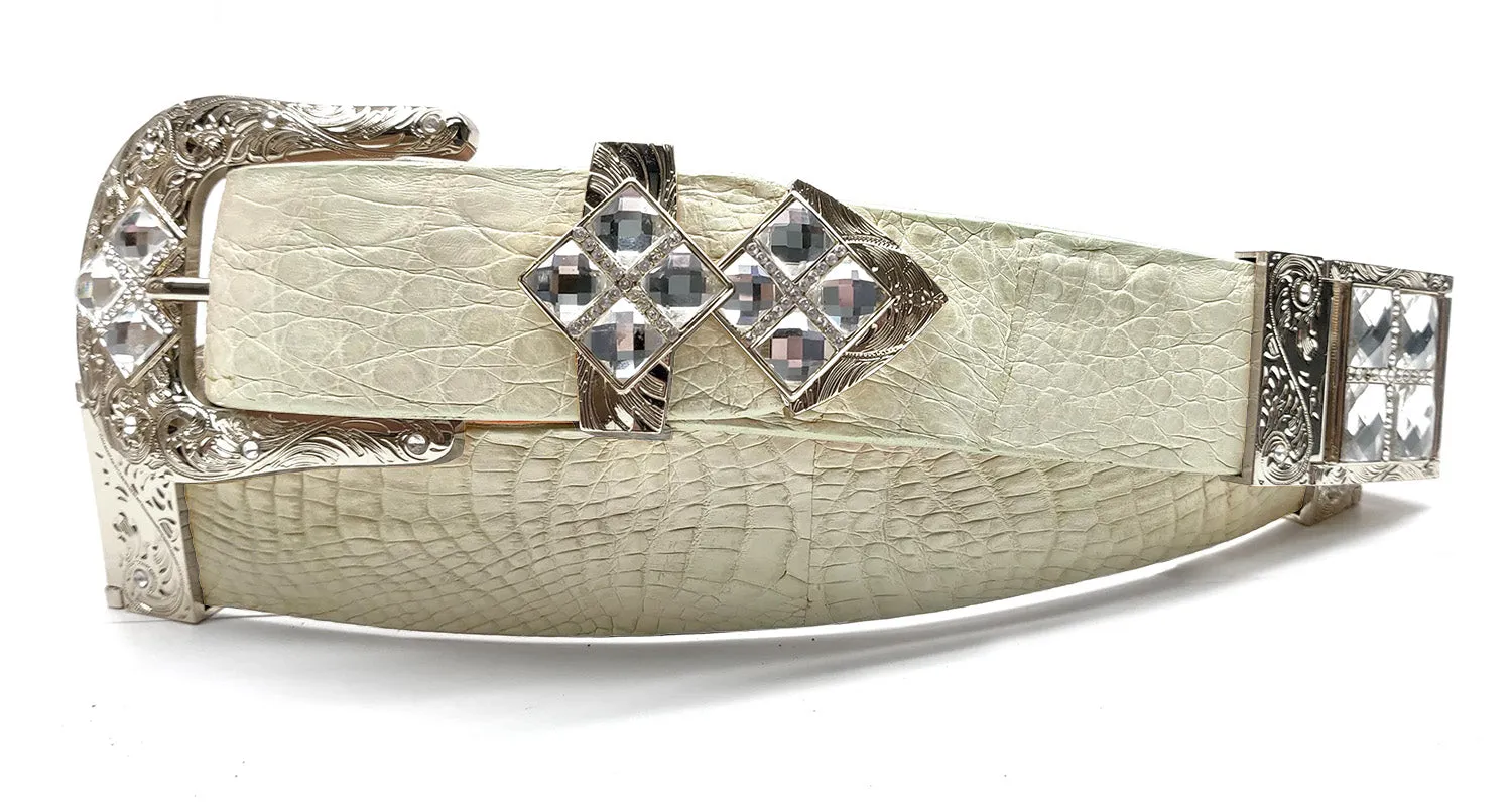 RRango Unisex Silver Tone 4 White Stones Design Caiman Belly Custom Belt