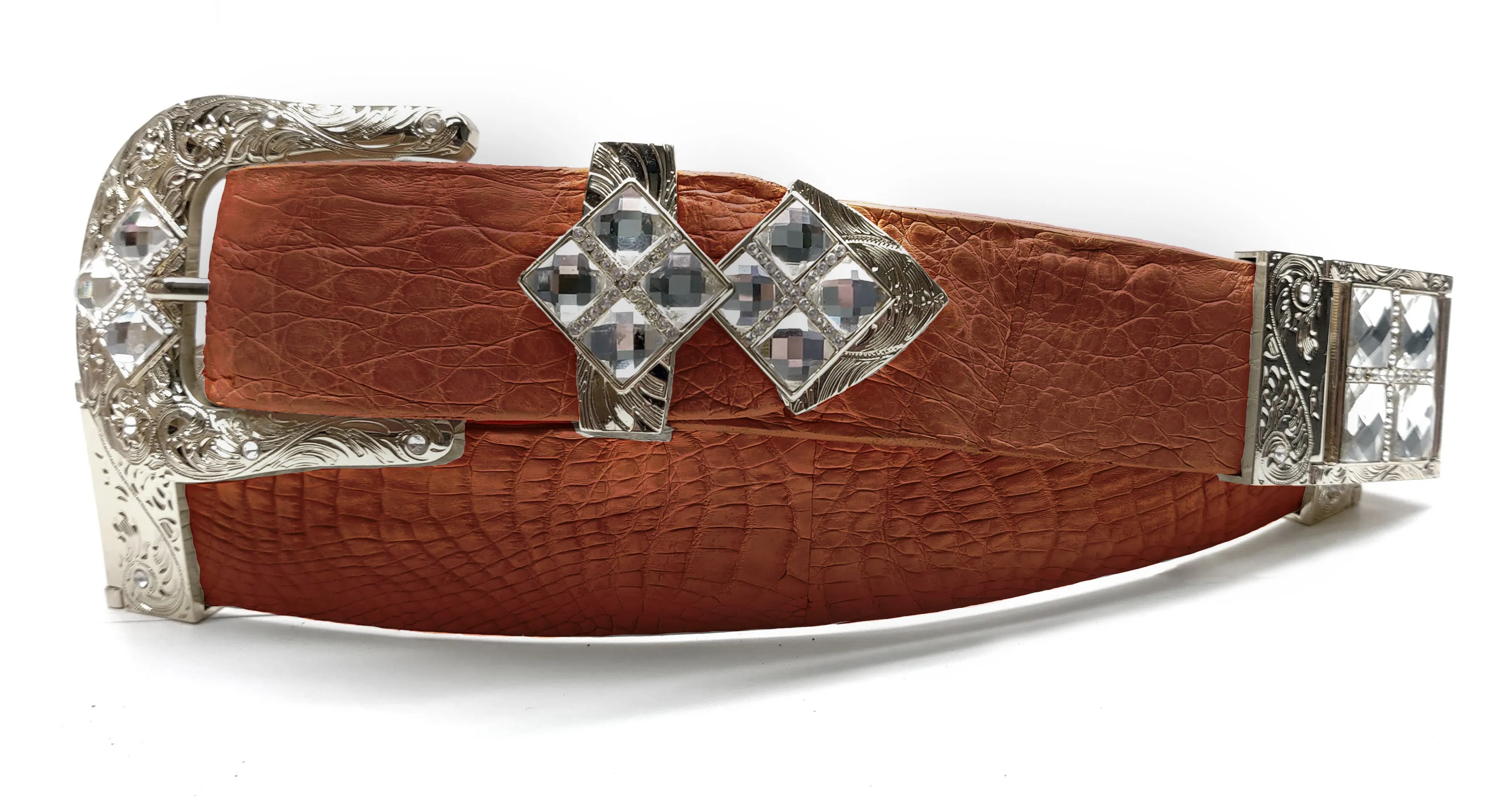 RRango Unisex Silver Tone 4 White Stones Design Caiman Belly Custom Belt