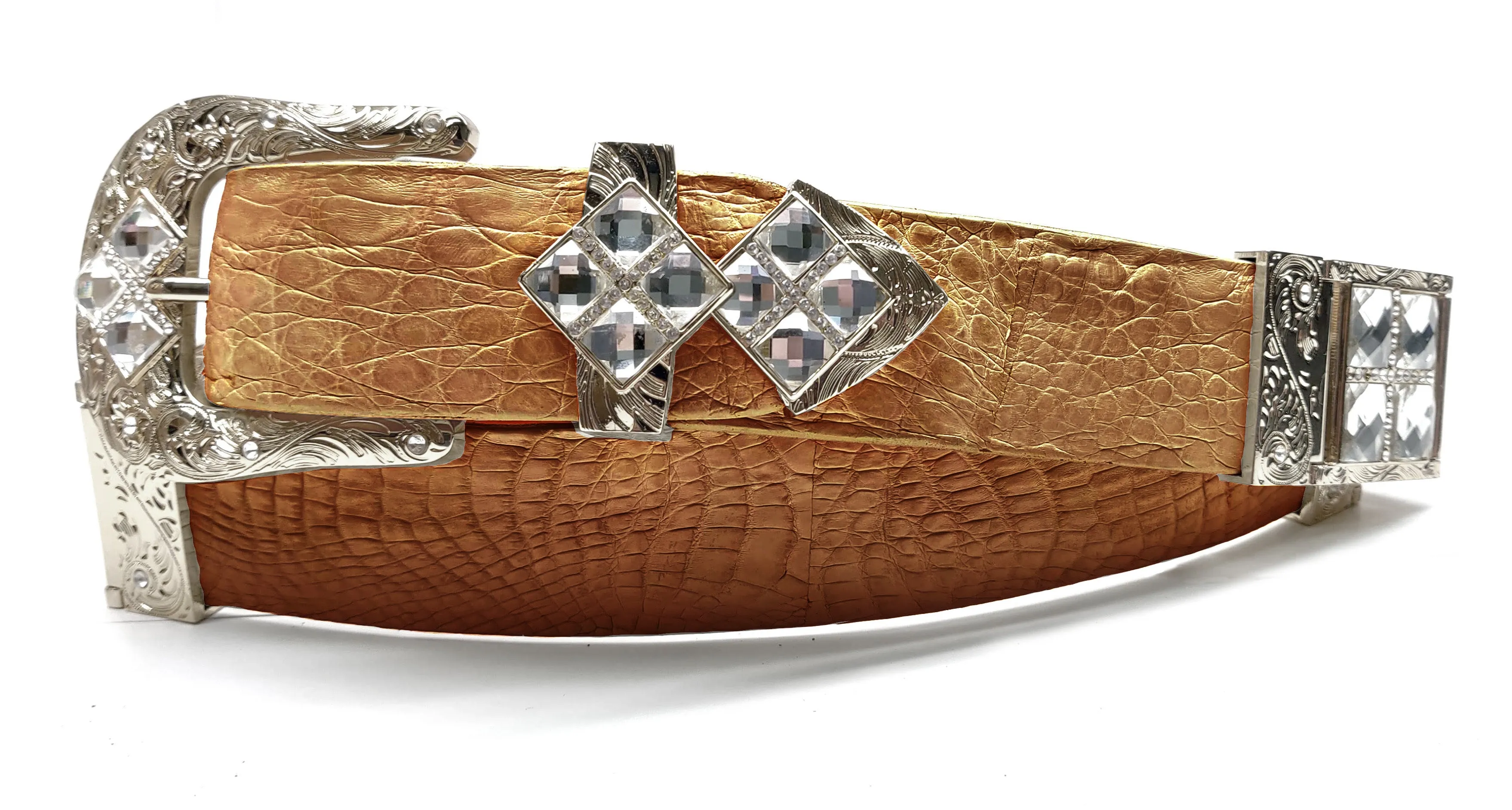 RRango Unisex Silver Tone 4 White Stones Design Caiman Belly Custom Belt