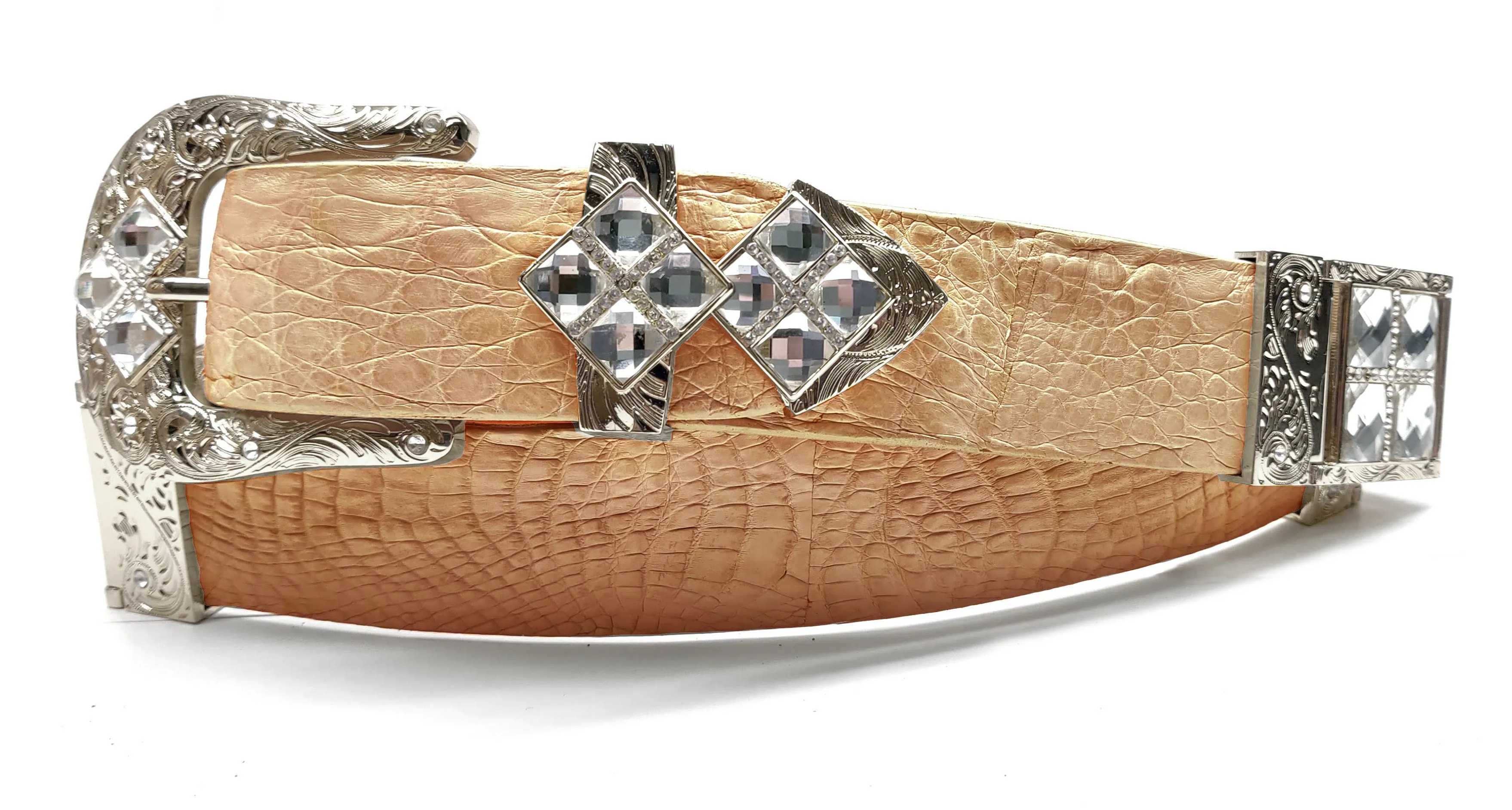 RRango Unisex Silver Tone 4 White Stones Design Caiman Belly Custom Belt