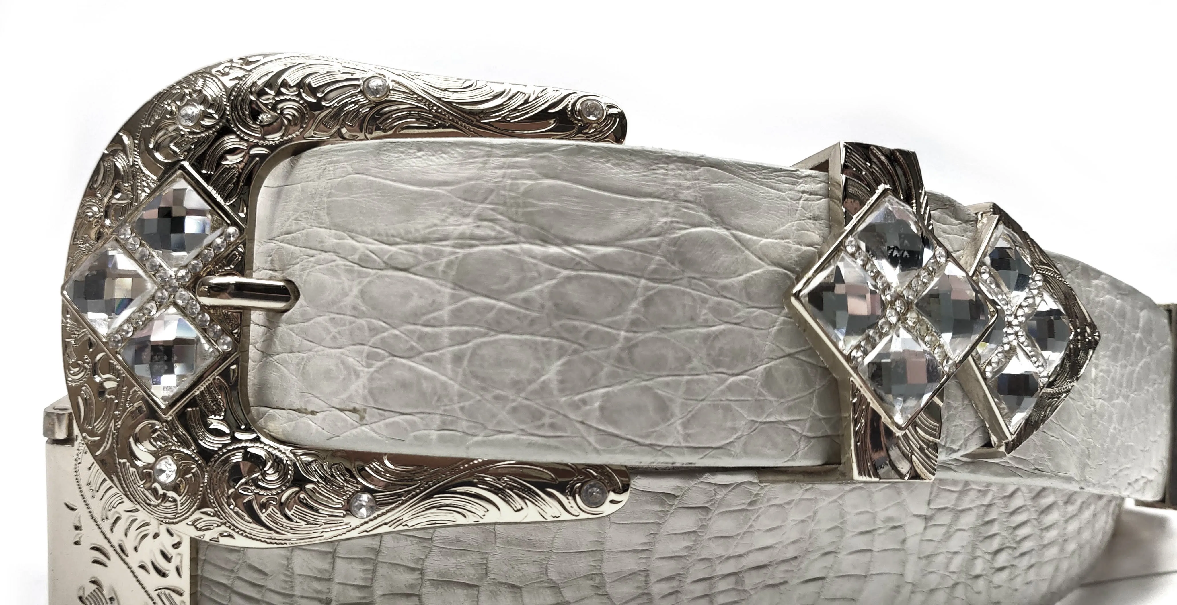 RRango Unisex Silver Tone 4 White Stones Design Caiman Belly Custom Belt
