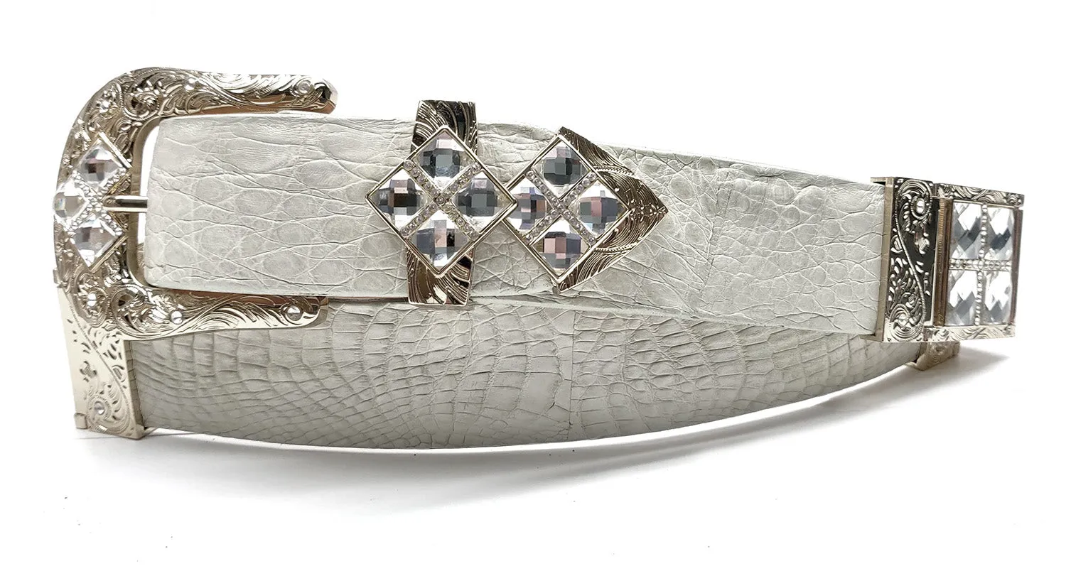 RRango Unisex Silver Tone 4 White Stones Design Caiman Belly Custom Belt